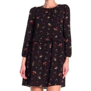 Good Luck Gem Black Floral Long Sleeve Ruffle Short Dress, Size Small
